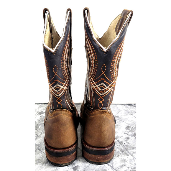 Madison Western Cowboy Boots Brown Leather Square Toe Men display picture 2